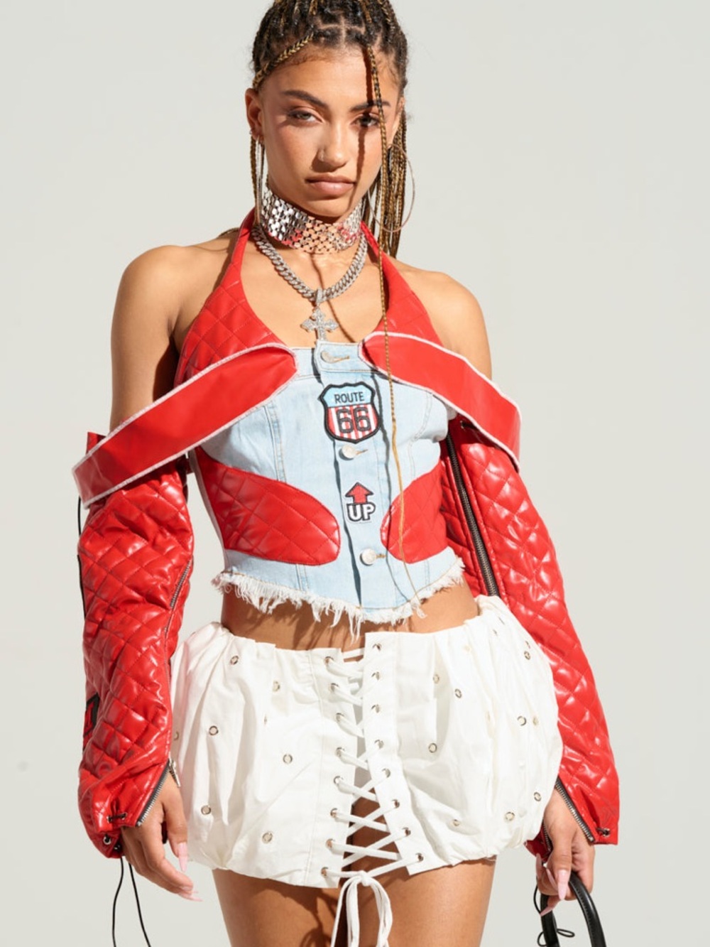 AKIRA Red Quilted Jean Corset Jacket